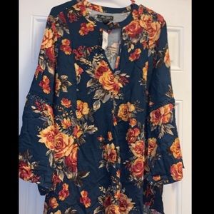 Navy Blue Floral flare sleeves Blouse